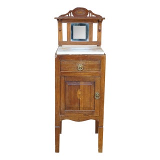 Antique Edwardian Walnut Neoclassical Inlaid Washstand Cabinet With Marble Top & Mirror For Sale