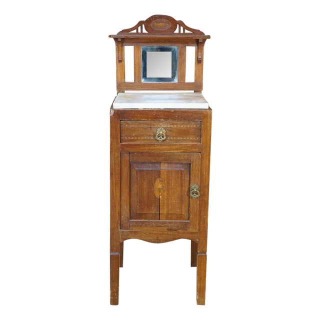 Antique Edwardian Walnut Neoclassical Inlaid Washstand Cabinet With Marble Top & Mirror For Sale