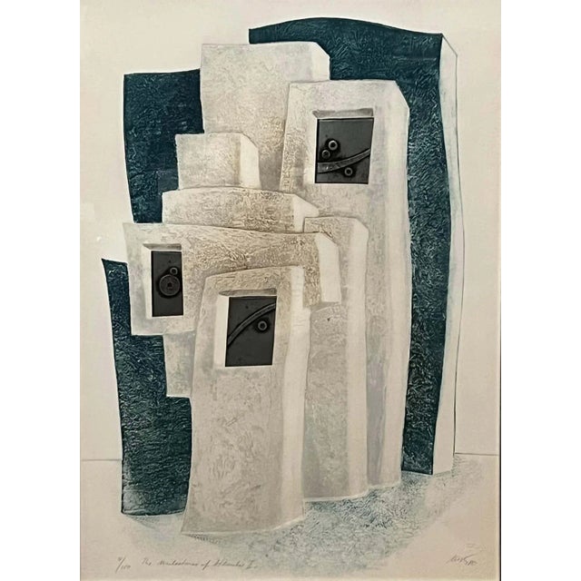 This textural lithograph called "The Milestones of Atlantis" portrays a group of stone pillars creating a harmonious whole...