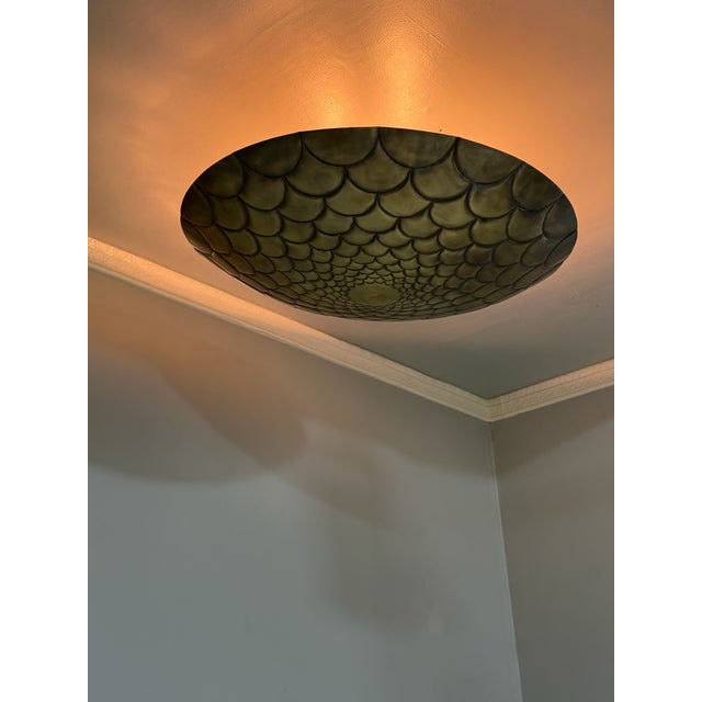 Brass Flush Mount Ceiling Light | Antique Scalloped Fish Scale Style Fixture For Sale - Image 4 of 7