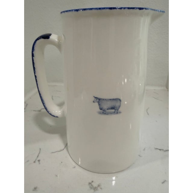 2020s Vintage White Jug / Pitcher With a Sheep on Both Sides With Blue Trim From England For Sale - Image 5 of 8