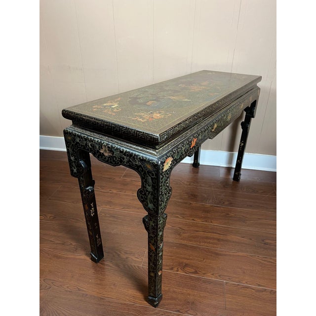 Vintage Chinese Console Table Black Lacquer Chinoiserie Gilt Hand Painted C1950 For Sale - Image 12 of 18