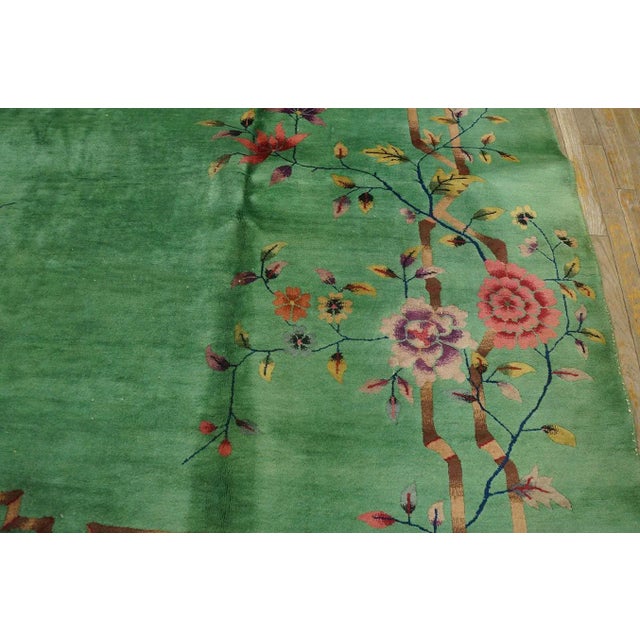 Outstanding Jade-Green Background Color With Details of Purple Flowers Vases in a Floral Design Chinese Art Deco Rug For Sale - Image 4 of 15