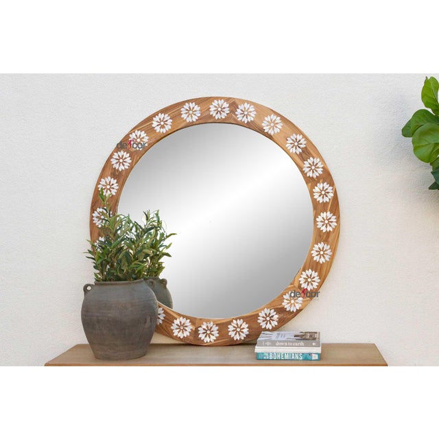 Brown Large Teak Mother of Pearl Inlay Round Mirror For Sale - Image 8 of 8