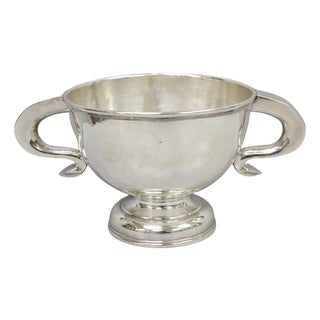 Antique Regency Silver Plated Thick Twin Handle Hand Hammered Trophy Cup Bowl For Sale