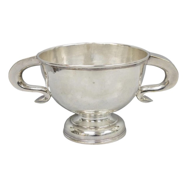 Antique Regency Silver Plated Thick Twin Handle Hand Hammered Trophy Cup Bowl For Sale