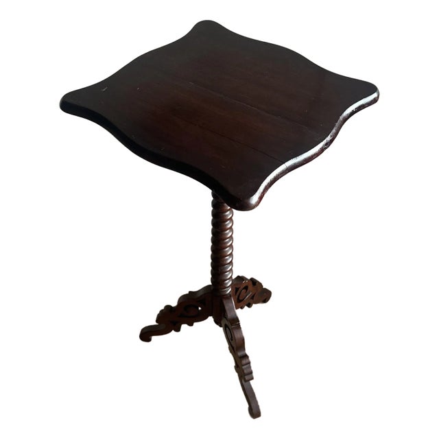 c.1860 Victorian Barley Twist Tripod Carved Mahogany Wine/Side Table Hand-Carved Pedestal, Scalloped Top For Sale