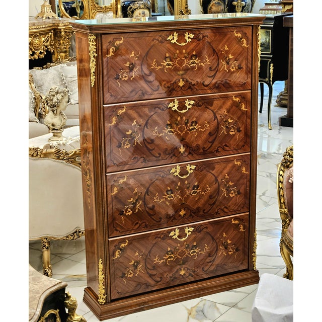 French French Louis XV-Inspired Shoe Cabinet With Intricate Wood Inlay & Elegant Bronze Accents For Sale - Image 3 of 3