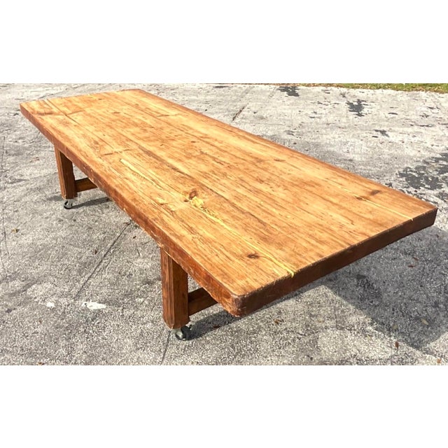 Brown Vintage Boho Monumental Industrial Plank Dining Table on Casters For Sale - Image 8 of 12