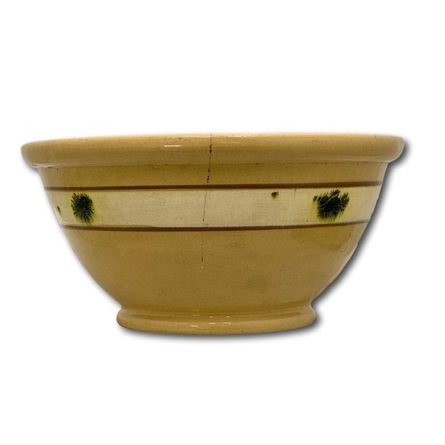 Dark Green Large Size Antique Green Seaweed Decorated & Banded Yellow Ware Kitchen Mixing Bowl Circa Late 19th Century For Sale - Image 8 of 18