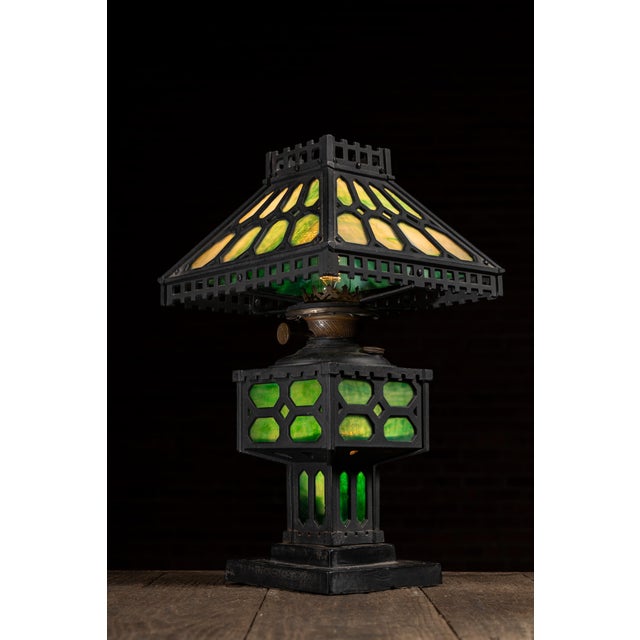 Early 20th Century Arts and Crafts Green Slag Glass and Cast Iron Table Lamp For Sale - Image 4 of 9