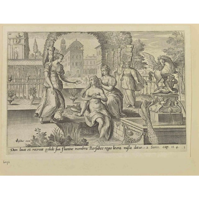 After Adriaen Collae, Bathsheba Receiving David's Letter, Etching, 17th Century For Sale