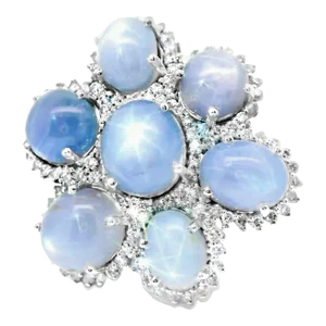 Star Sapphire Diamond Cluster 18k White Gold Cocktail Ring Size 7.25