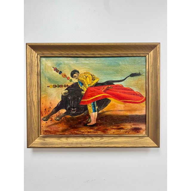 Wood Mid-Century Spanish Bullfighting Oil Painting, Signed and Dated 1958 For Sale - Image 7 of 12