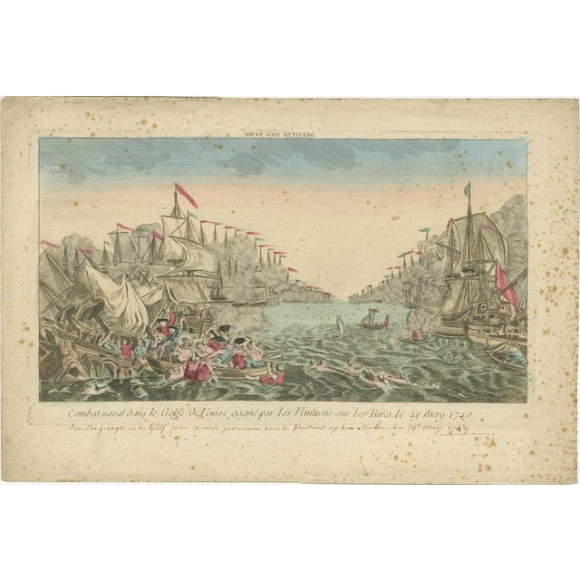 This rare and vividly hand-colored 18th-century 'vue d’optique' titled 'Combat naval dans le Golfe de Venise gagné par les...
