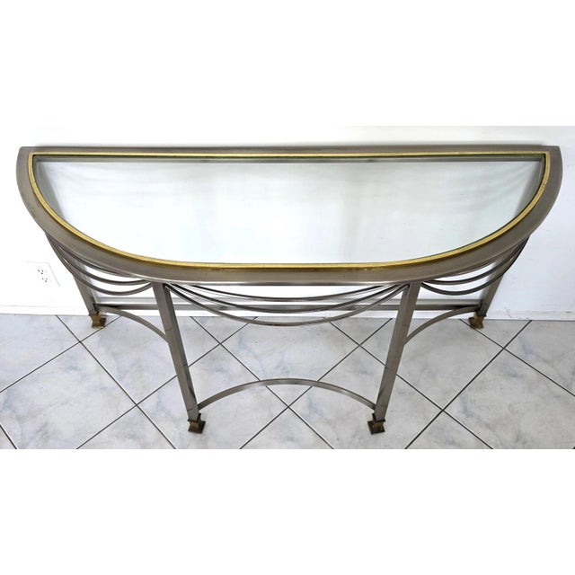Hollywood Regency Vintage Hollywood Regency Demilune Chrome & Brass Console Table For Sale - Image 3 of 6