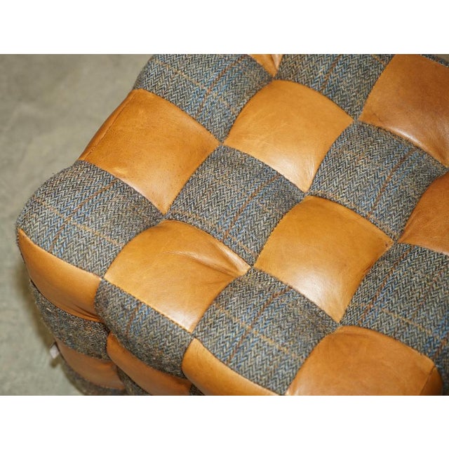 Harris Tweed and Brown Leather Poufs, Set of 2 For Sale - Image 12 of 14