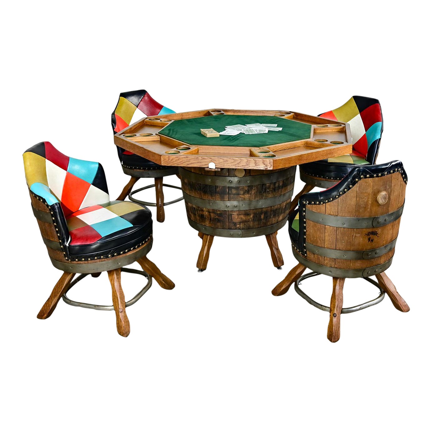 Late 20th Century Rustic Oak Whiskey Barrel Poker Table & 4 Swivel