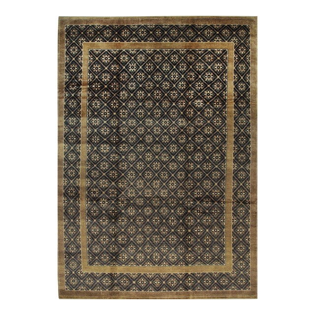 9x12 Bespoke Vibrant Brown Floral Geometric Hand Knotted Wool Rug For Sale