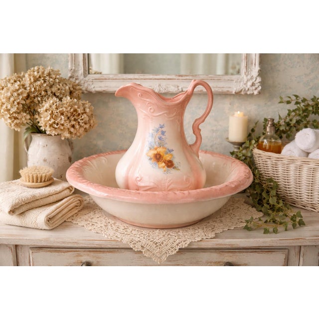 A charming vintage ceramic wash basin and pitcher set, finished in a soft peach-to-ivory gradient glaze with delicate...