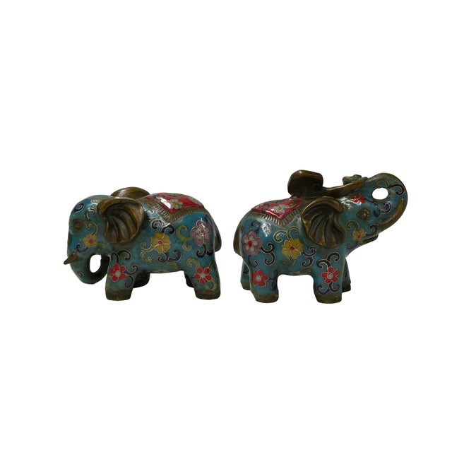 1990s Pair Turquoise Teal Enamel Fortune Fengshui Elephant Metal Figures For Sale - Image 5 of 9
