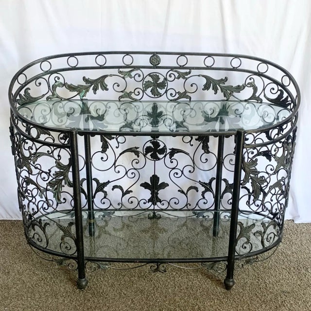 Metal Vintage Wrought Iron Oval Two Tier Glass Top Console Table by Maitland Smith For Sale - Image 7 of 11