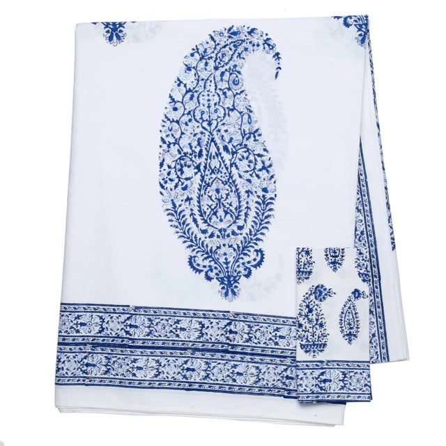Contemporary Malabar Large Paisley Tablecloth, 4-seat table - Deep Blue For Sale - Image 3 of 4