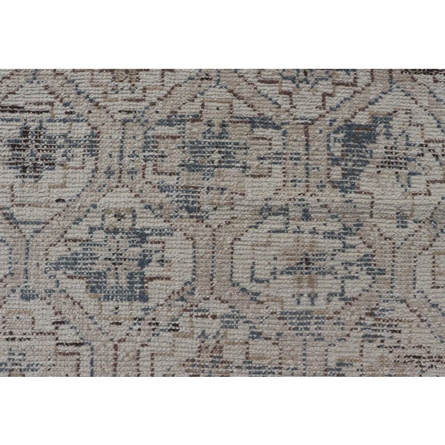 Modern Hand-Knotted Oushak Distressed Rug With Sub-Geometric Design in Brown and Blue For Sale - Image 10 of 13