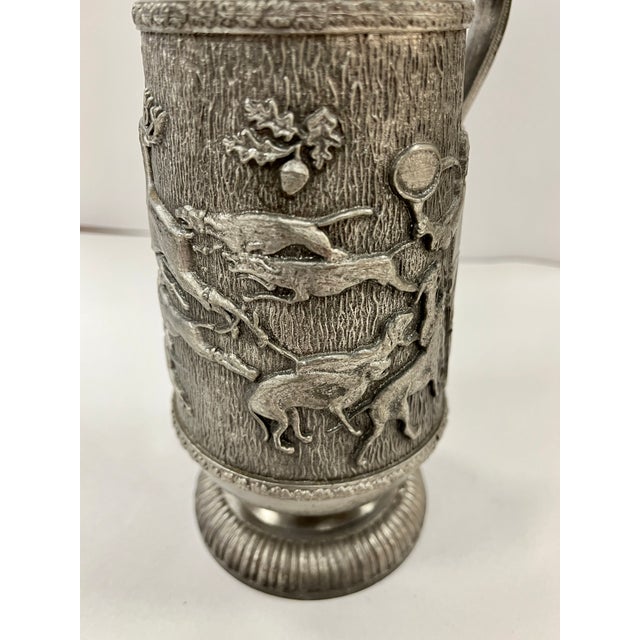 Mid 20th Century Vintage Pewter Embossed Hunting Scene Lidded Pitcher For Sale - Image 5 of 11