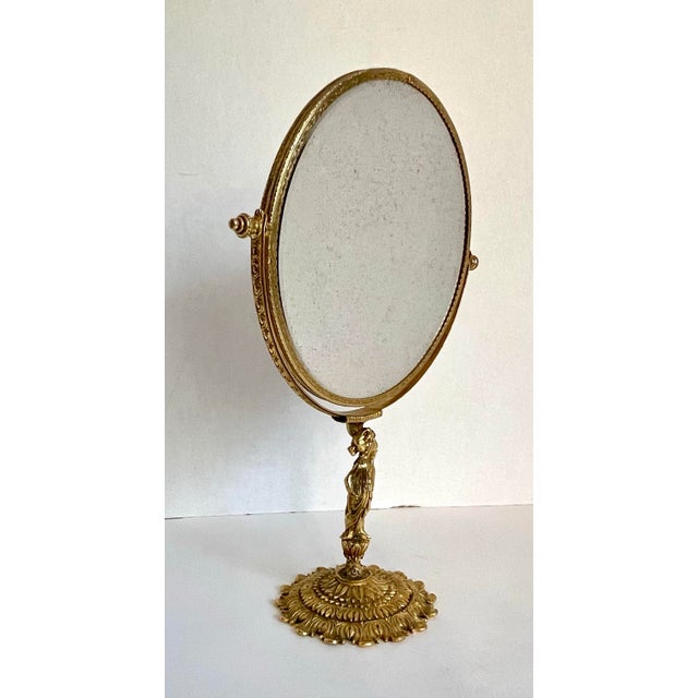 Art Nouveau Rococo Style Brass Female Figure Round Vanity Mirror For Sale - Image 10 of 12