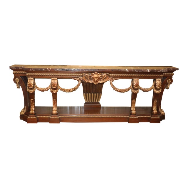 Monumental French Northwind Masque Gilded Walnut Marble Top Console Table For Sale