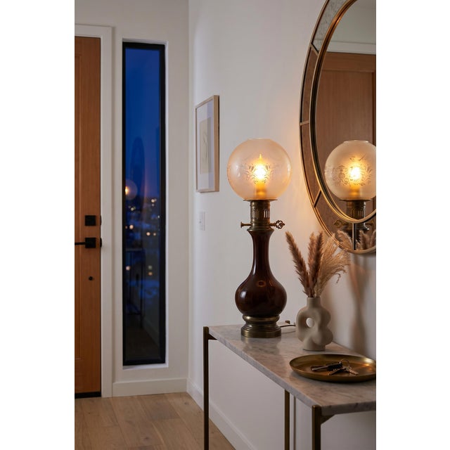 Brown Amber-Brown Glass and Brass Table Lamp with Etched Glass Globe, 1950s For Sale - Image 8 of 18