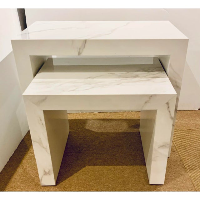 Original Retail $2080, stylish Caracole Modern A Step Up Nesting Tables Set of 2, wood tables with a faux Calcutta Gold...