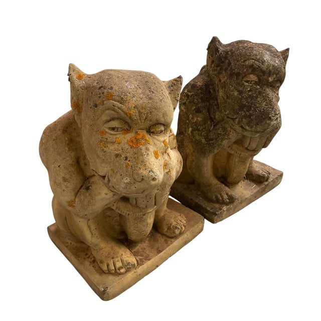 2000 - 2009 A Pair of Vintage Seated Cast Stone Gargoyle Garden Statues For Sale - Image 5 of 12