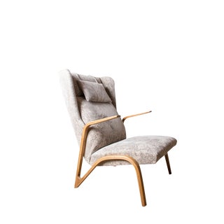 Large High Armchair in Curved Beech and Fabric Konkav Model by Paul Bode for Federholz. For Sale