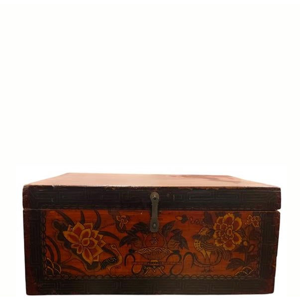 Handmade from solid wood retrieved from Shanxi Province, this antique coffer box features a hand-painted design of birds...