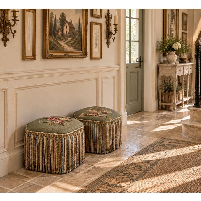 Green A Pair of Vintage Poufs Foot Stools Needlepoint Embroidery French Design For Sale - Image 8 of 8
