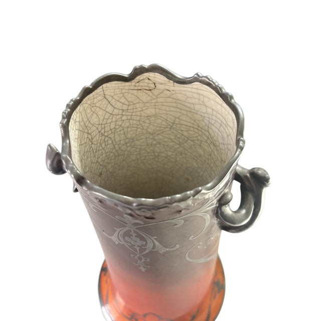 American Antique Art Nouveau Warwick Pottery Silver Overlay Vase For Sale - Image 3 of 11