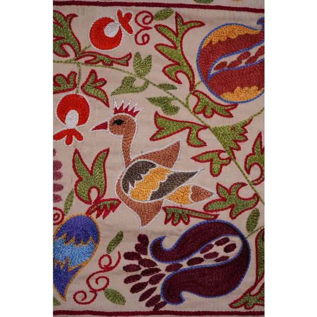 Floral Suzani Embroidery - Silk Cotton Blend Bird Table Runner Tapestry 1'8'' X 6'3'' For Sale - Image 9 of 12