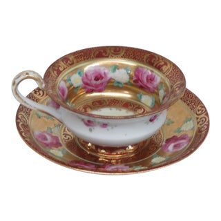 Mogi Momonoi Gold Burgundy Bone China Flower Tea Cup & Saucer Set 4653b For Sale
