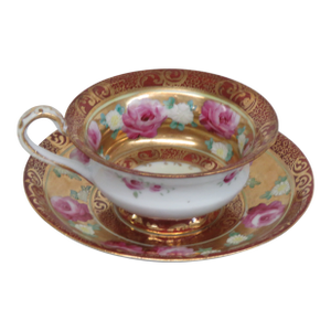 Mogi Momonoi Gold Burgundy Bone China Flower Tea Cup & Saucer Set 4653b