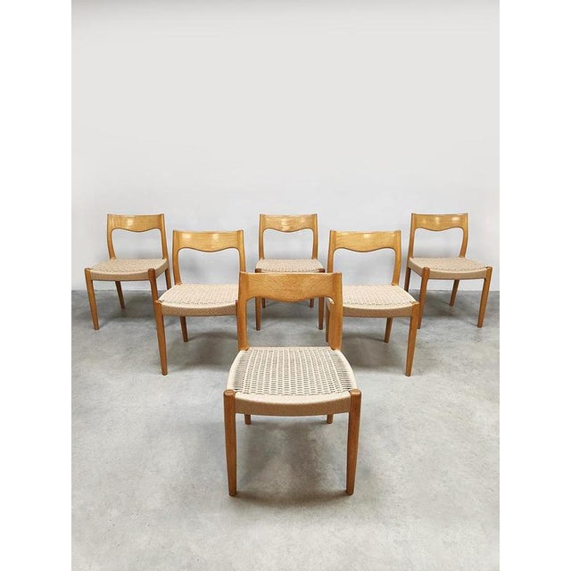 Vintage Danish Oak Paper Cord Wabi-Sabi Dining Chairs, 1960s, Set of 6 For Sale - Image 3 of 4
