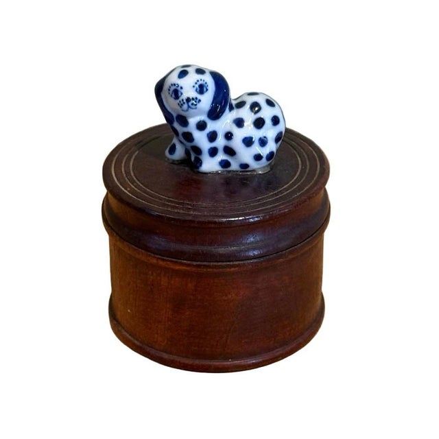 Late 20th Century Late 20th Century Thai Turned Wood Trinket Box With Blue & White Ceramic Dog Finial For Sale - Image 5 of 9