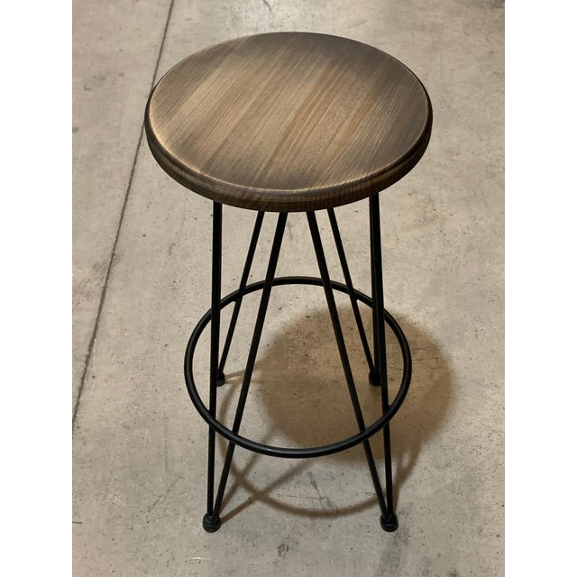 Early 21st Century New Industrial Wrought Iron Shop Stool with Wood Seat For Sale - Image 5 of 6