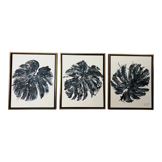Blue Monstera Trio Canvas Art, Designed by Cheryl P. Kohloff, Framed- Set of 3 For Sale