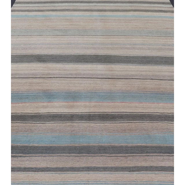Flat-weave Kilim rug with stripes with modern design in shades of blue, taupe gray and cream, rug AFG-125, Keivan Woven...