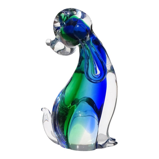 Murano Vintage Sommerso Blue Green Italian Art Glass Puppy Dog Figure Sculpture, Manner of Seguso, Nason For Sale