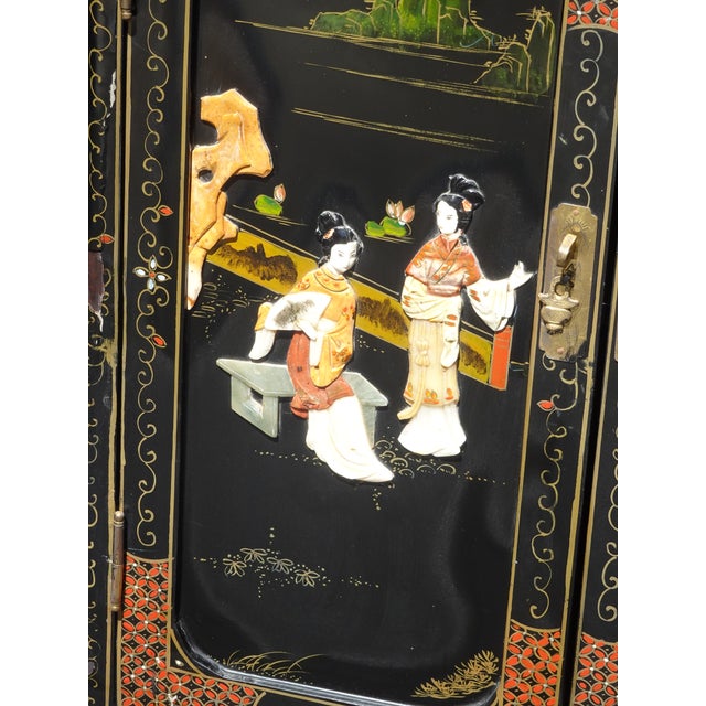 Vintage Oriental Black Lacquer Hand Painted Two Door Cabinet ~ Mother of Pearl For Sale - Image 9 of 12