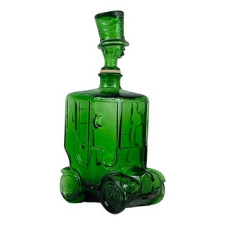 Green Glass Comical Car Decorative Bottle with Man in Hat as Top from Empoli, Italy, 1960s For Sale