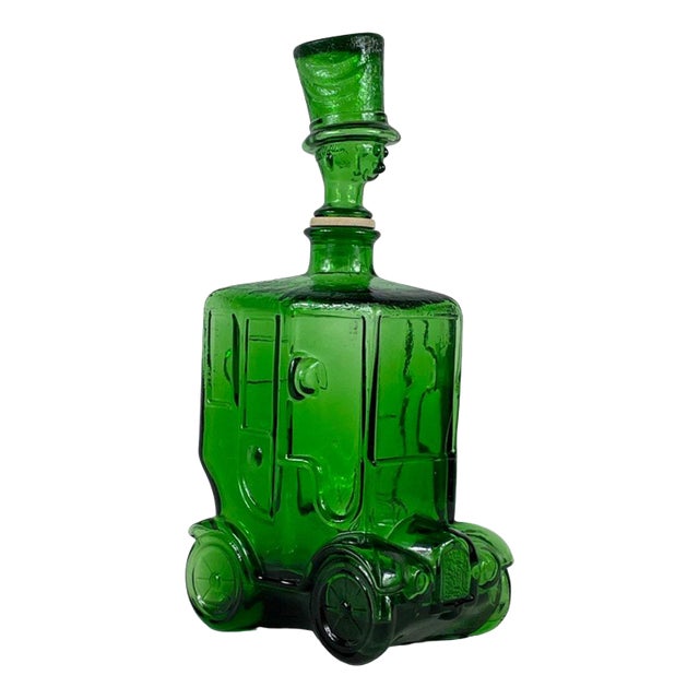 Green Glass Comical Car Decorative Bottle with Man in Hat as Top from Empoli, Italy, 1960s For Sale